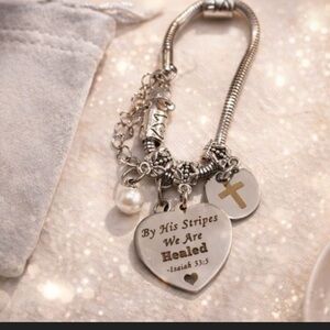 Christian Charm Bracelet – “By His Stripes We Are Healed” Cross Heart